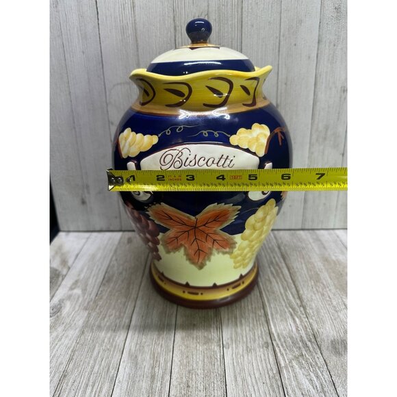 Vtg Cobalt Blue 11" Tall Cookie Jar BISCOTTI Canister Fall Leaves French Country - Picture 8 of 12
